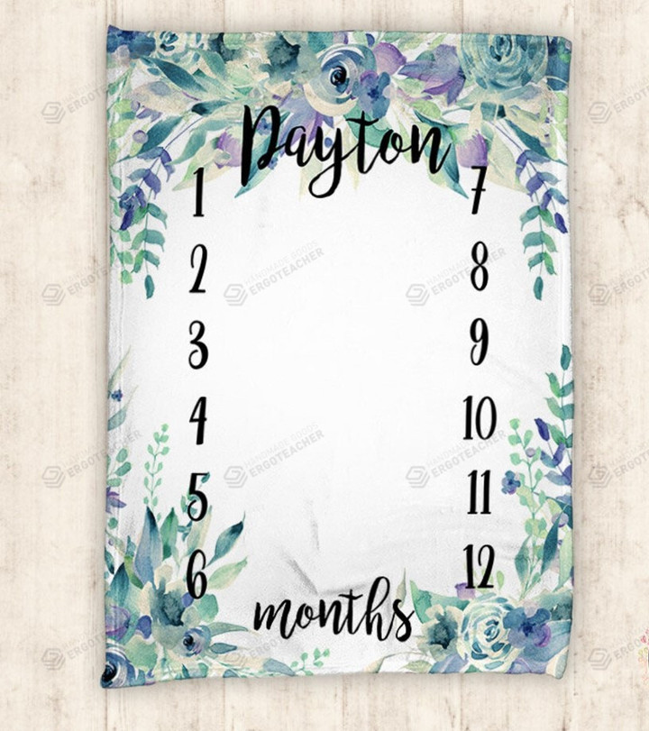 Personalized Watercolor Blue Flower Monthly Milestone Blanket, Newborn Blanket, Baby Shower Gift Track Growth And Age Monthly