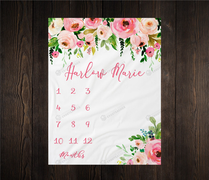 Personalized Floral Monthly Milestone Blanket, Newborn Blanket, Baby Shower Gift Track Growth Keepsake