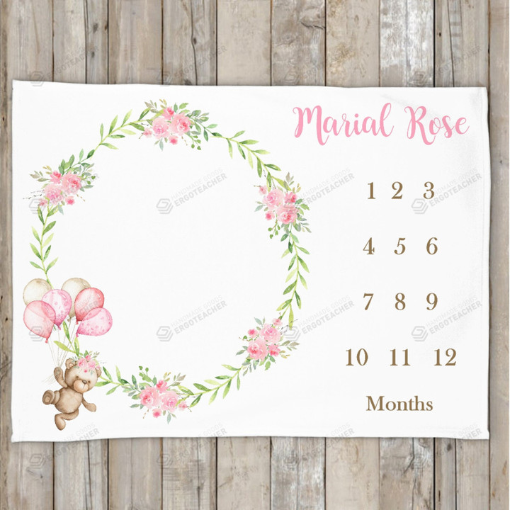 Personalized Teddy Bear With Pink Floral Monthly Milestone Blanket, Newborn Blanket, Baby Shower Gift Track Growth And Age Monthly