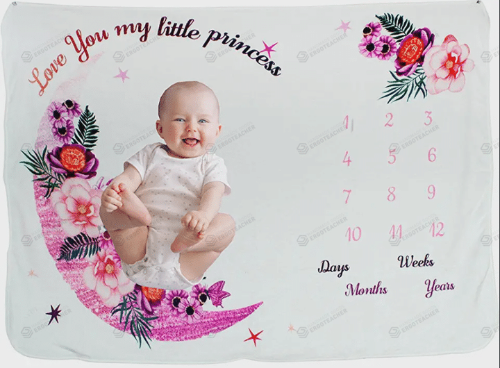 Love You My Little Pricess Monthly Milestone Blanket, Floral Moon Newborn Blanket, Baby Shower Gift Track Growth Keepsake