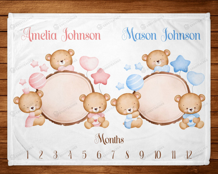 Personalized Cute Bears Monthly Milestone Blanket, Twins Newborn Blanket, Baby Shower Gift Track Growth Keepsake
