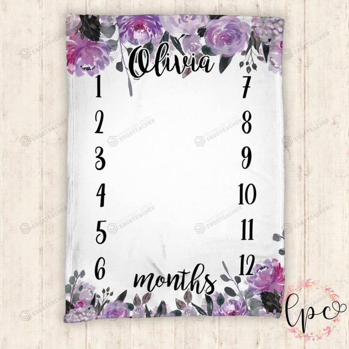 Personalized Purple Florals Monthly Milestone Blanket, Newborn Blanket, Baby Shower Gift Track Growth And Age Monthly