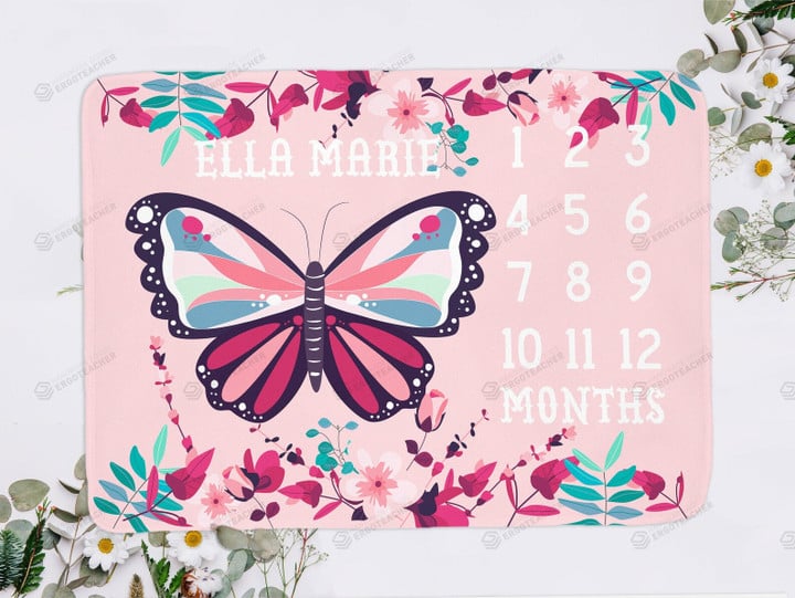 Personalized Butterfly Monthly Milestone Blanket, Newborn Blanket, Baby Shower Gift Watch Me Grow Monthly