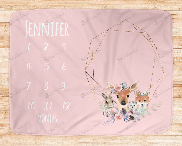 Personalized Rabbit And Deer And Fox And Hedgehog Monthly Milestone Blanket, Newborn Blanket, Baby Shower Gift Track Growth And Age Monthly