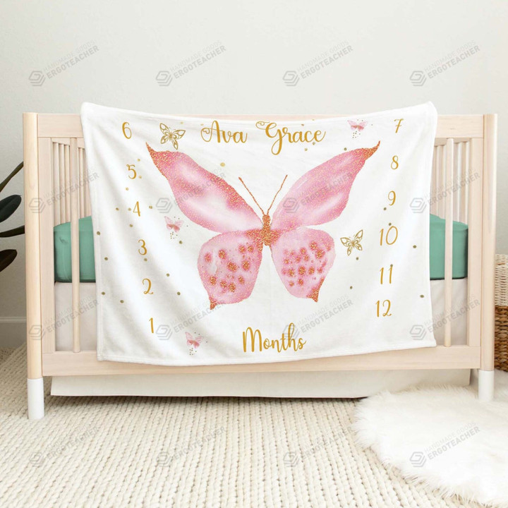 Personalized Butterfly Monthly Milestone Blanket, Newborn Blanket, Baby Shower Gift Track Growth Keepsake