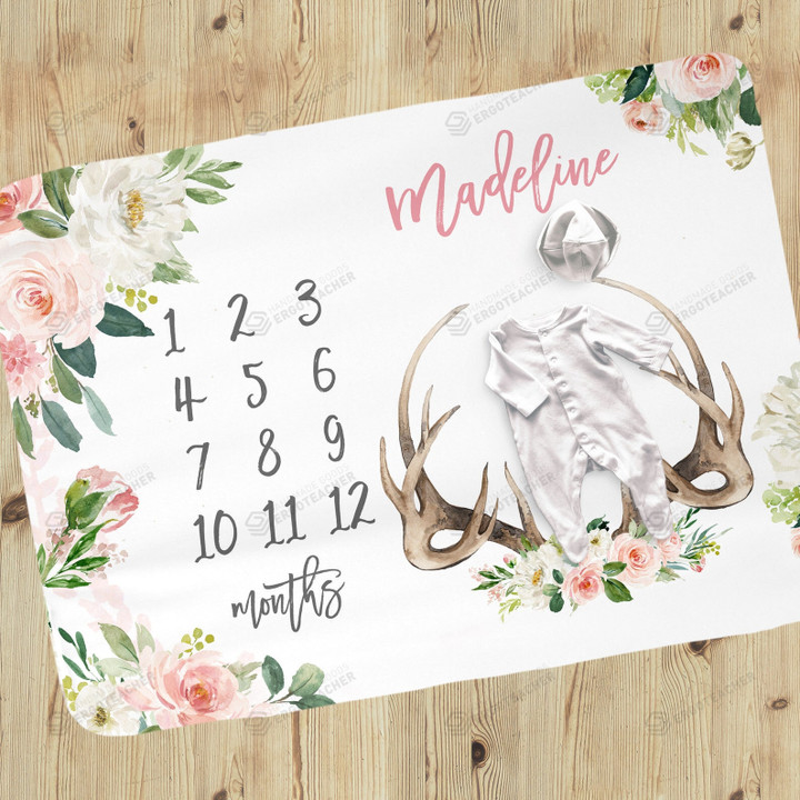 Personalized Antlers With Floral Monthly Milestone Blanket, Newborn Blanket, Baby Shower Gift Track Growth Keepsake