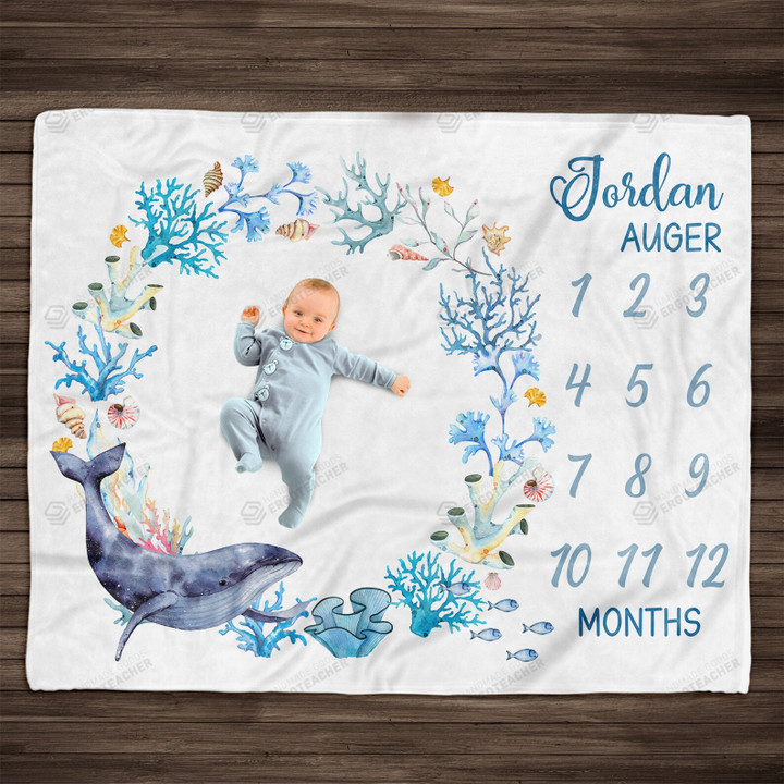 Personalized Ocean Whale Monthly Milestone Blanket, Newborn Blanket, Baby Shower Gift Adventure Awaits Monthly Growth