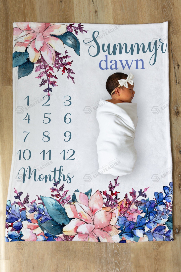 Personalized Watercolor Flower Monthly Milestone Blanket, Newborn Blanket, Baby Shower Gift Monthly Growth Tracker