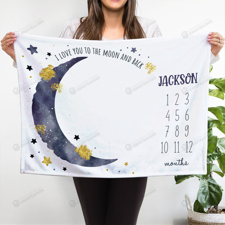 Personalized Moon Stars Monthly Milestone Blanket, Newborn Blanket, I Love You to the Moon And Back Baby Shower Gift Track Growth Keepsake