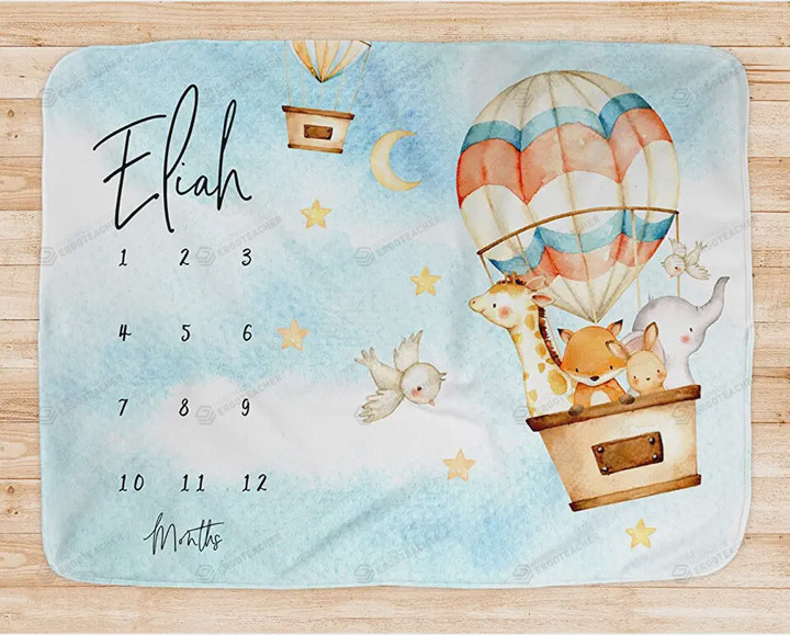 Personalized Safari Animal With Hot Air Balloon Monthly Milestone Blanket, Newborn Blanket, Baby Shower Gift Adventure Awaits Monthly Growth