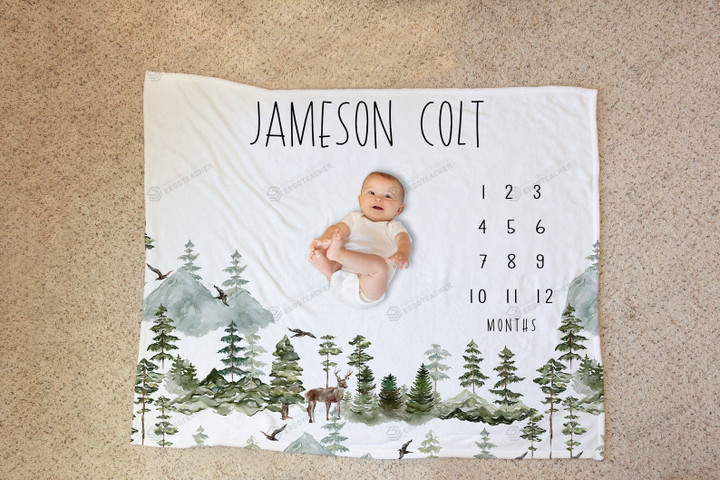 Personalized Deer In The Forest Monthly Milestone Blanket, Newborn Blanket, Baby Shower Gift Grow Chart Monthly