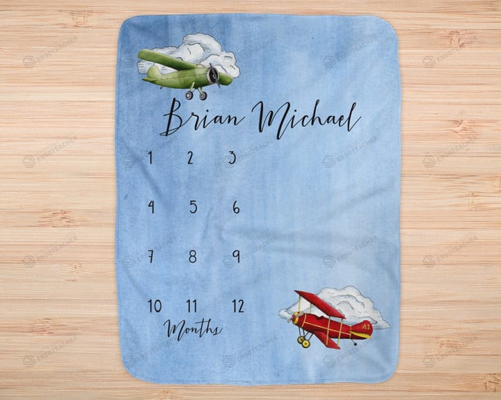 Personalized Airplane Monthly Milestone Blanket, Newborn Blanket, Baby Shower Gift Adventure Awaits Monthly Growth