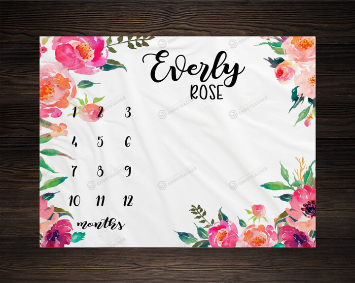 Personalized Floral Monthly Milestone Blanket, Newborn Blanket, Baby Shower Gift Watch Me Grow Monthly