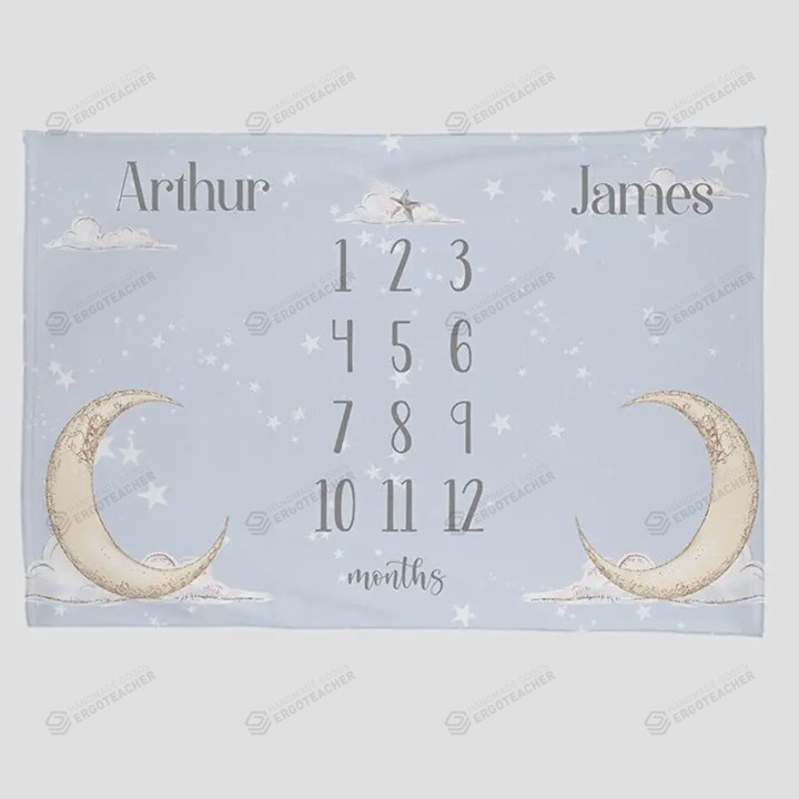 Personalized Moon & Stars Monthly Milestone Blanket, Twins Newborn Blanket, Baby Shower Gift Adventure Awaits Monthly Growth