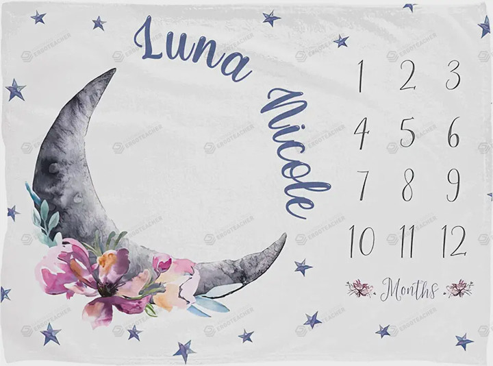 Personalized Floral Moon Monthly Milestone Blanket, Newborn Blanket, Baby Shower Gift Watch Me Grow Monthly