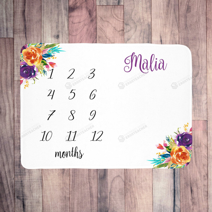 Personalized Watercolor Floral Monthly Milestone Blanket, Newborn Blanket, Baby Shower Gift Track Growth And Age Monthly