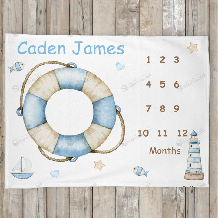 Personalized Blue Swimming Float Monthly Milestone Blanket, Newborn Blanket, Baby Shower Gift Track Growth And Age Monthly
