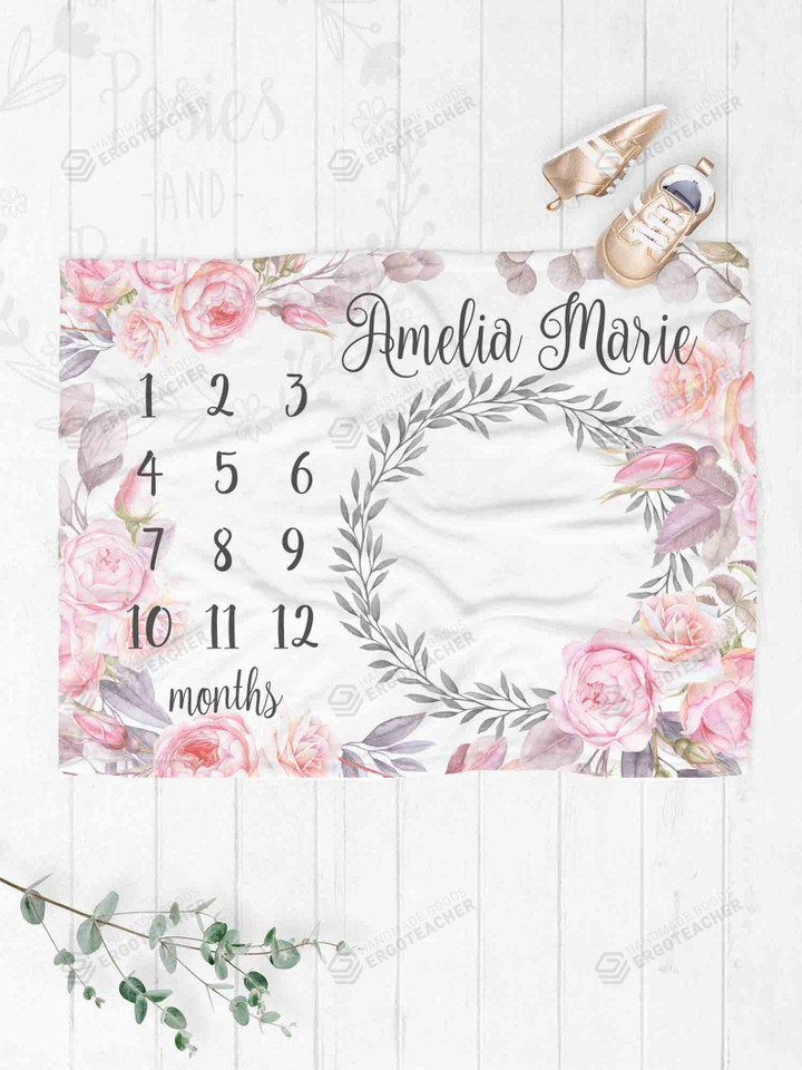 Personalized Peony Monthly Milestone Blanket, Newborn Blanket, Baby Shower Gift Watch Me Grow Monthly