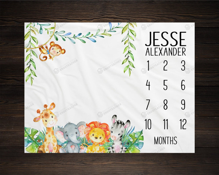 Personalized Safari Animals Monthly Milestone Blanket, Newborn Blanket, Baby Shower Gift Grow Chart Monthly
