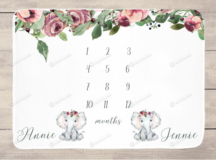 Personalized Elephant Floral Monthly Milestone Blanket, Twins Newborn Blanket, Baby Shower Gift Adventure Awaits Monthly Growth