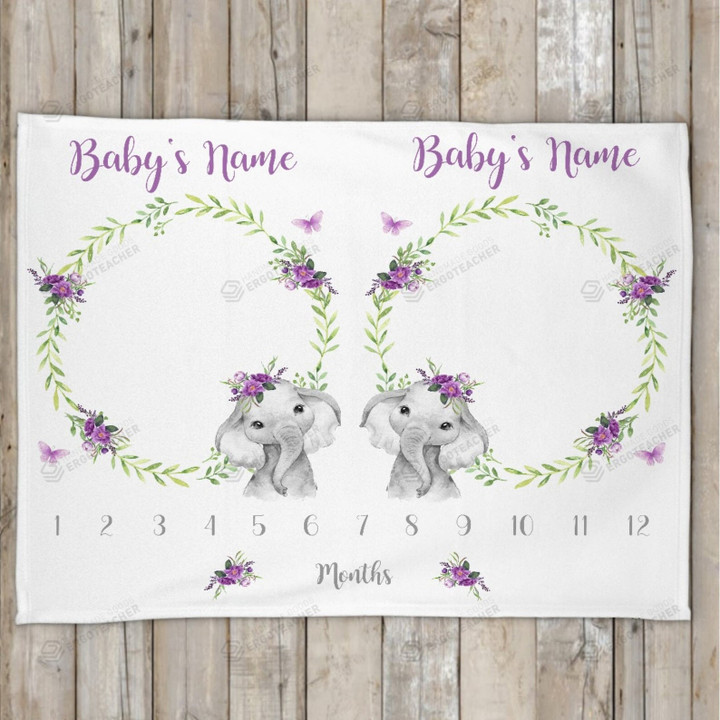 Personalized Elephant With Purple Floral Monthly Milestone Blanket, Twins Newborn Blanket, Baby Shower Gift Monthly Growth Tracker