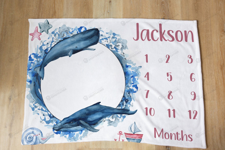 Personalized Whale Monthly Milestone Blanket, Newborn Blanket, Baby Shower Gift Adventure Awaits Monthly Growth
