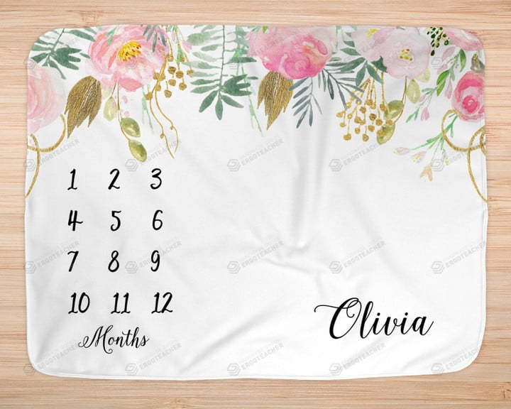 Personalized Pink Flowers Monthly Milestone Blanket, Newborn Blanket, Baby Shower Gift Track Growth And Age Monthly