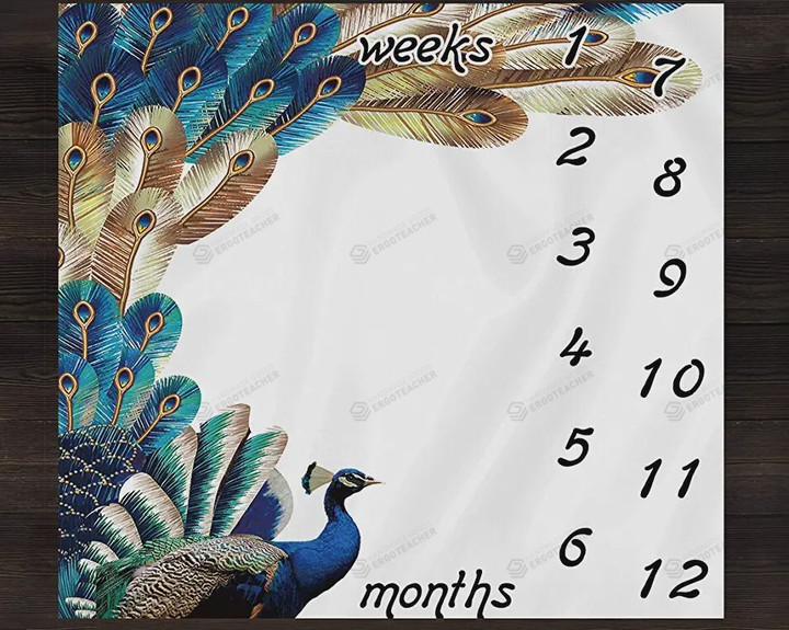 Peacock Monthly Milestone Blanket, Newborn Blanket, Baby Shower Gift Track Growth And Age Monthly
