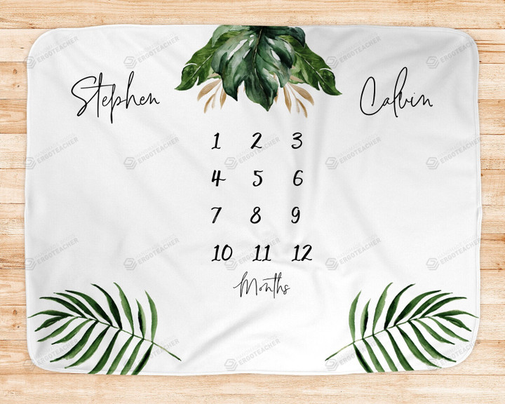 Personalized Palm Leafs Monthly Milestone Blanket, Twin Newborn Blanket, Baby Shower Gift Adventure Awaits Monthly Growth
