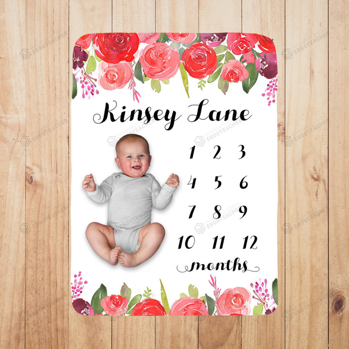 Personalized Red Rose Monthly Milestone Blanket, Newborn Blanket, Baby Shower Gift Grow Chart Monthly