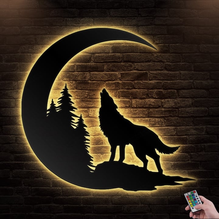 Wolf Moon Metal Wall Art With Led Lights, Animals Sign Decoration, Wolf Lovers Housewarming Gift