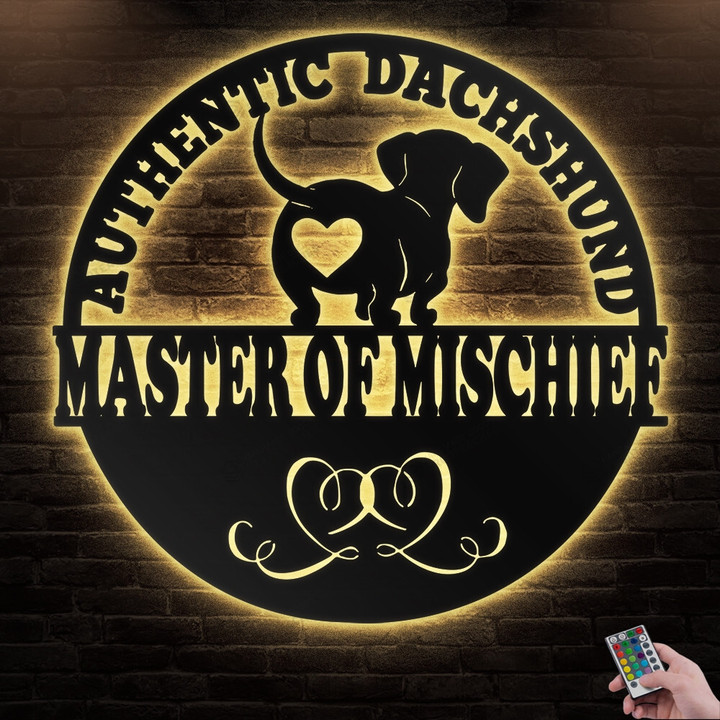Dachshund Master Of Mischief Metal Wall Art With Led Lights, Pets Name Sign Decoration For Room, Dog Lovers Outdoor Home Decor Gift