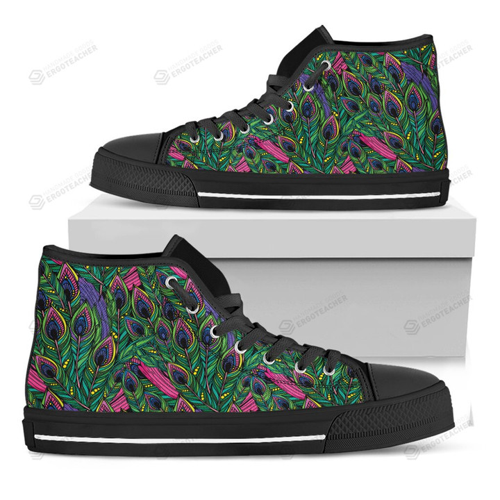 Boho Peacock Feather Pattern Print Black High Top Shoes