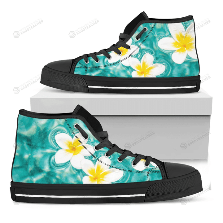 White And Yellow Plumeria In Water Print Black High Top Shoes For Men And Women