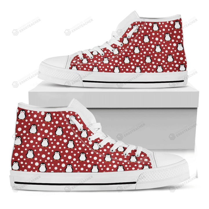 Red Snow Penguin Pattern Print White High Top Shoes For Men And Women