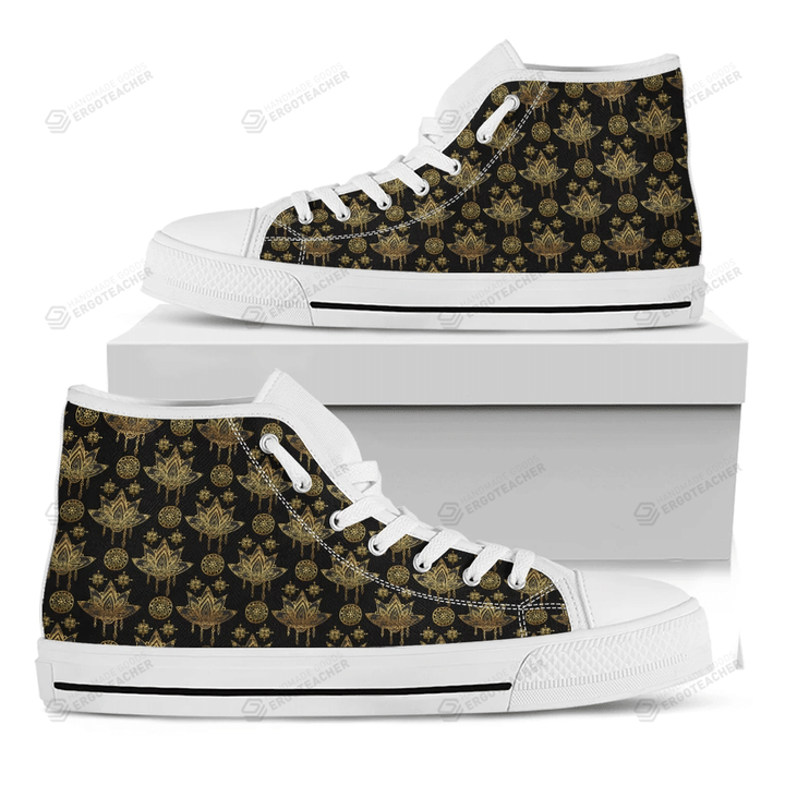 Black And Gold Lotus Flower Print White High Top Shoes For Men And Women