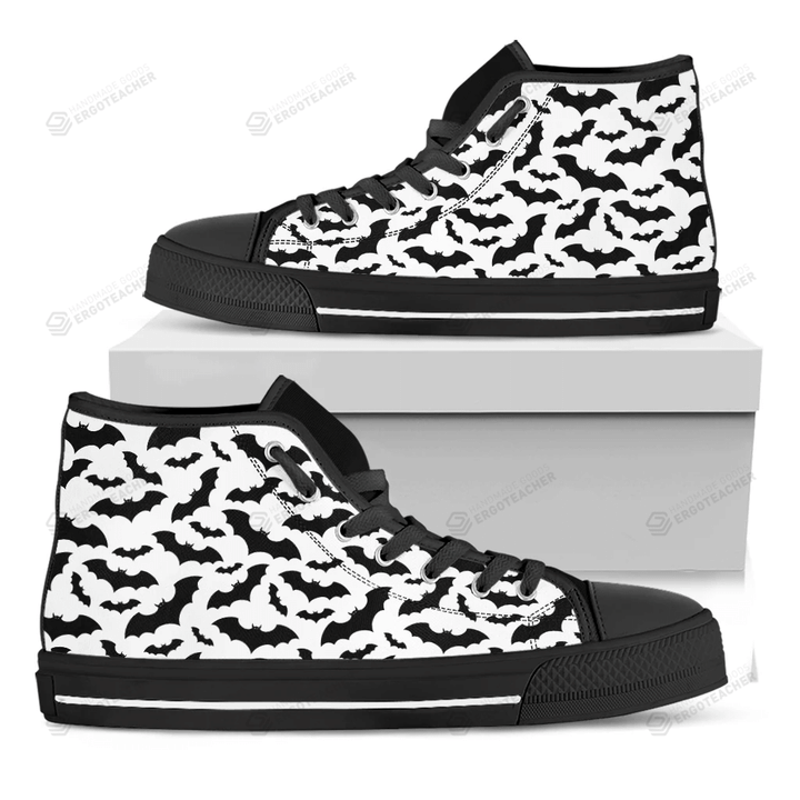 White And Black Halloween Bat Print Black High Top Shoes For Men And Women
