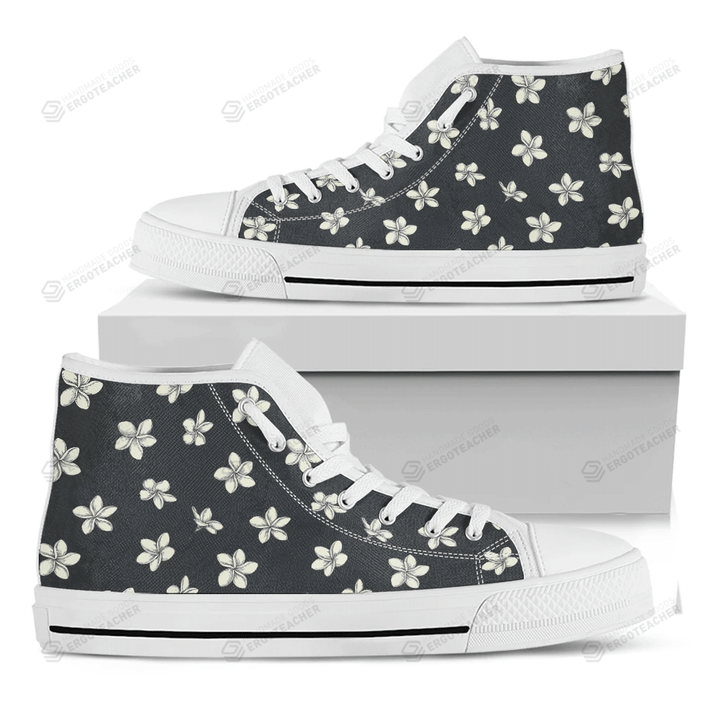 Monochrome Plumeria Pattern Print White High Top Shoes For Men And Women