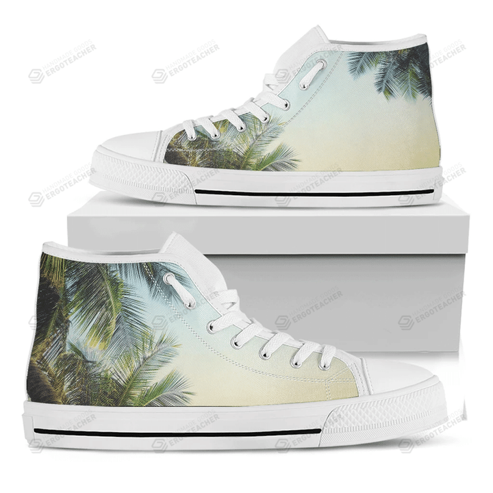 Vintage Coconut Tree Print White High Top Shoes For Men And Women