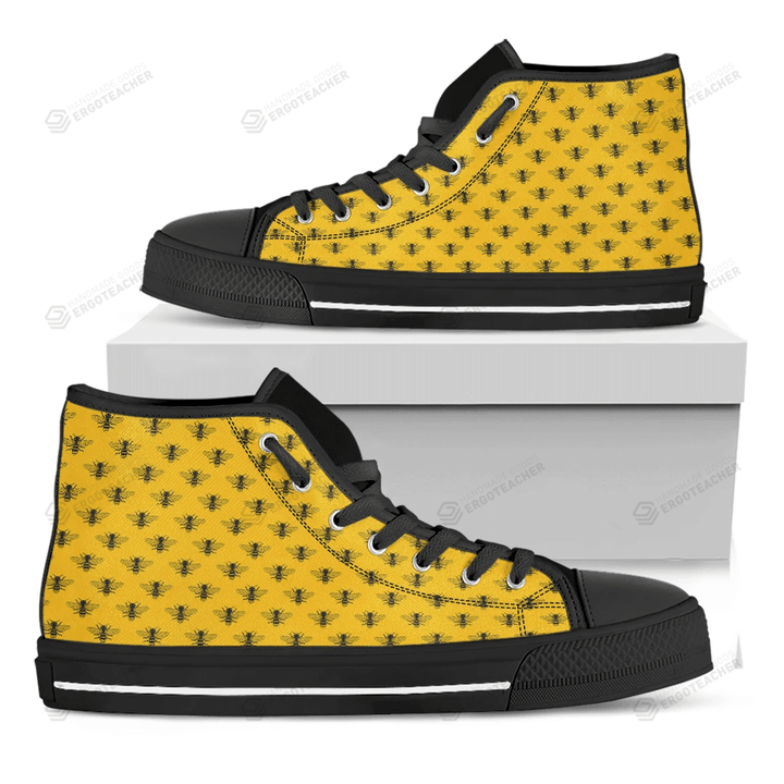 Yellow Bee Pattern Print Black High Top Shoes For Men And Women