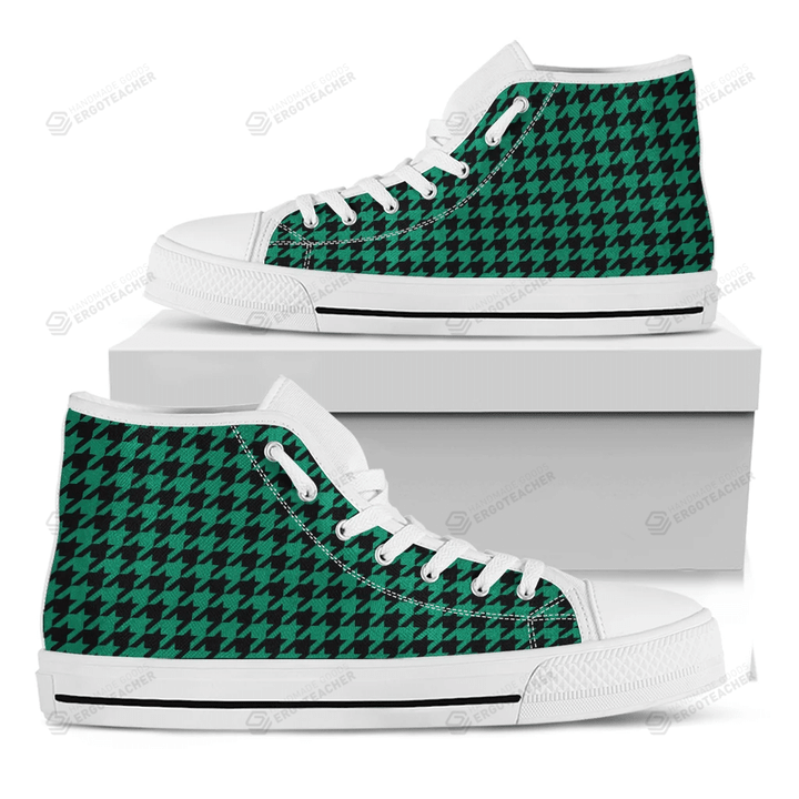 Jungle Green And Black Houndstooth Print White High Top Shoes For Men And Women