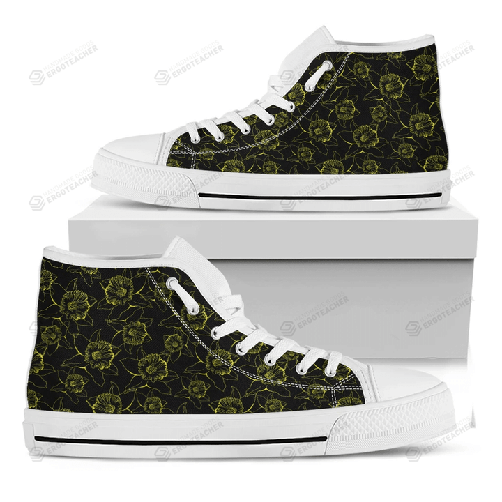 Black And Yellow Daffodil Pattern Print White High Top Shoes For Men And Women