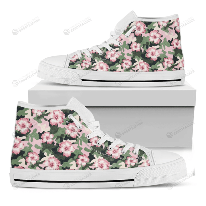 Pink Hibiscus Flower Camouflage Print White High Top Shoes For Men And Women