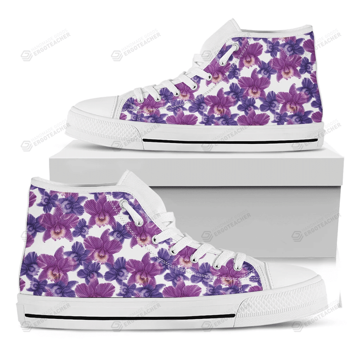 Purple Orchid Flower Pattern Print White High Top Shoes For Men And Women