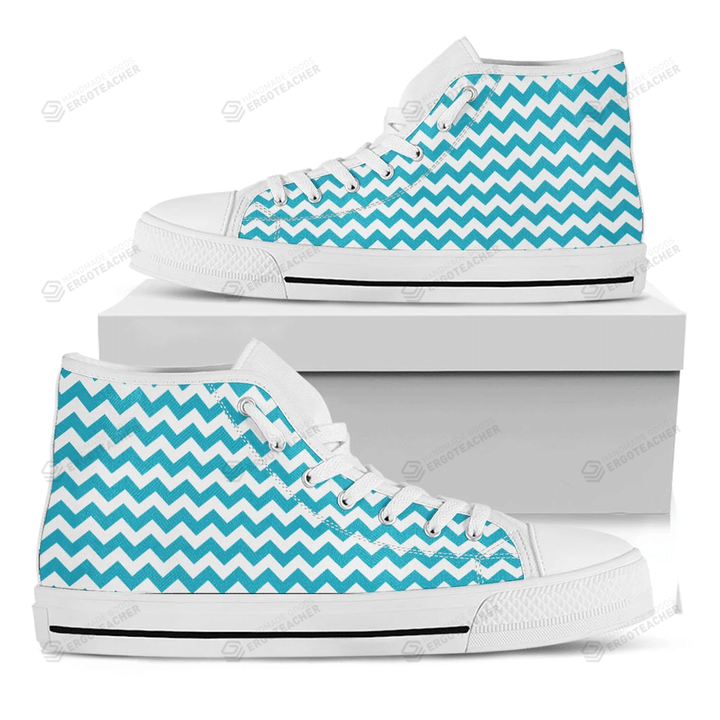 Blue And White Chevron Pattern Print White High Top Shoes For Men And Women