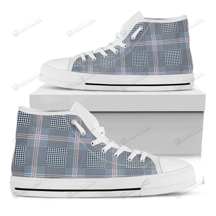 Navy And White Glen Plaid Print White High Top Shoes For Men And Women