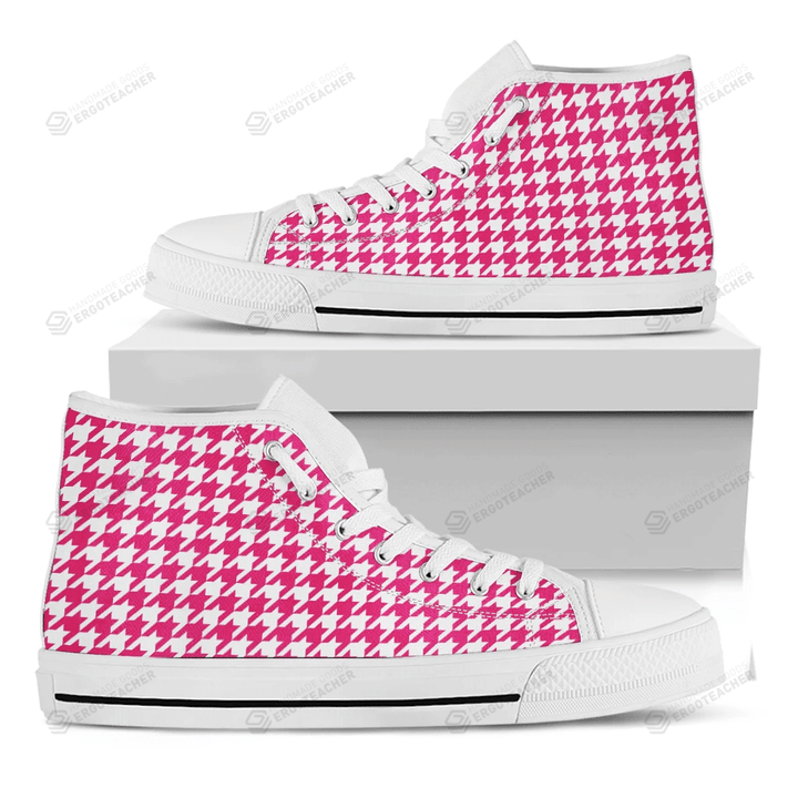 Hot Pink And White Houndstooth Print White High Top Shoes For Men And Women