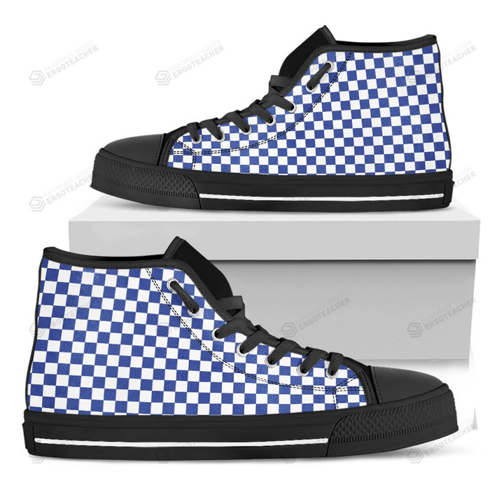 Blue And White Checkered Pattern Print Black High Top Shoes