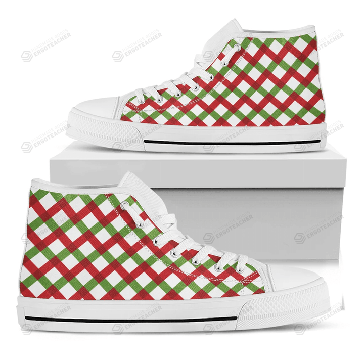 Merry Christmas Checkered Pattern Print White High Top Shoes For Men And Women