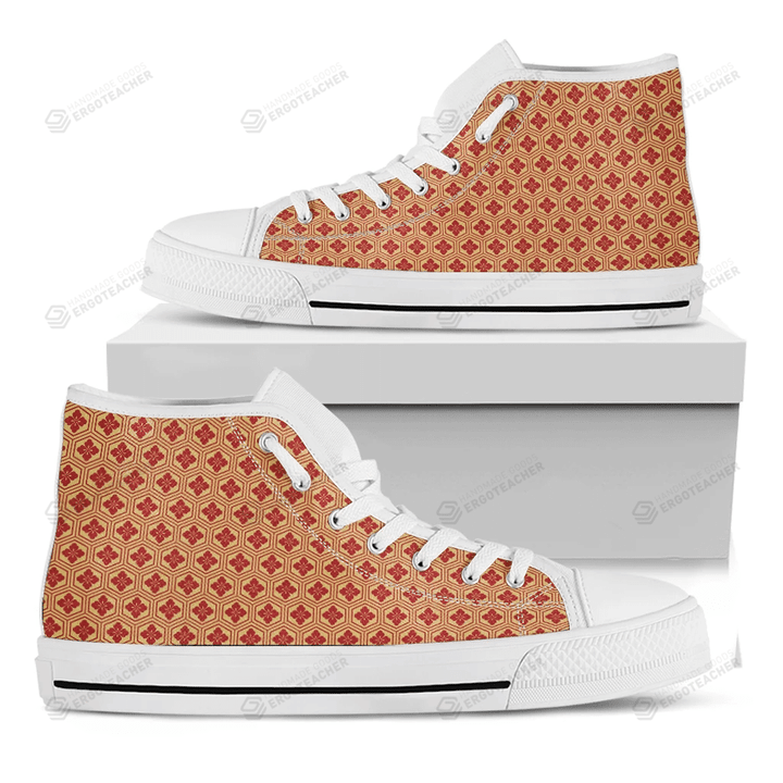 Red Japanese Flower Pattern Print White High Top Shoes For Men And Women